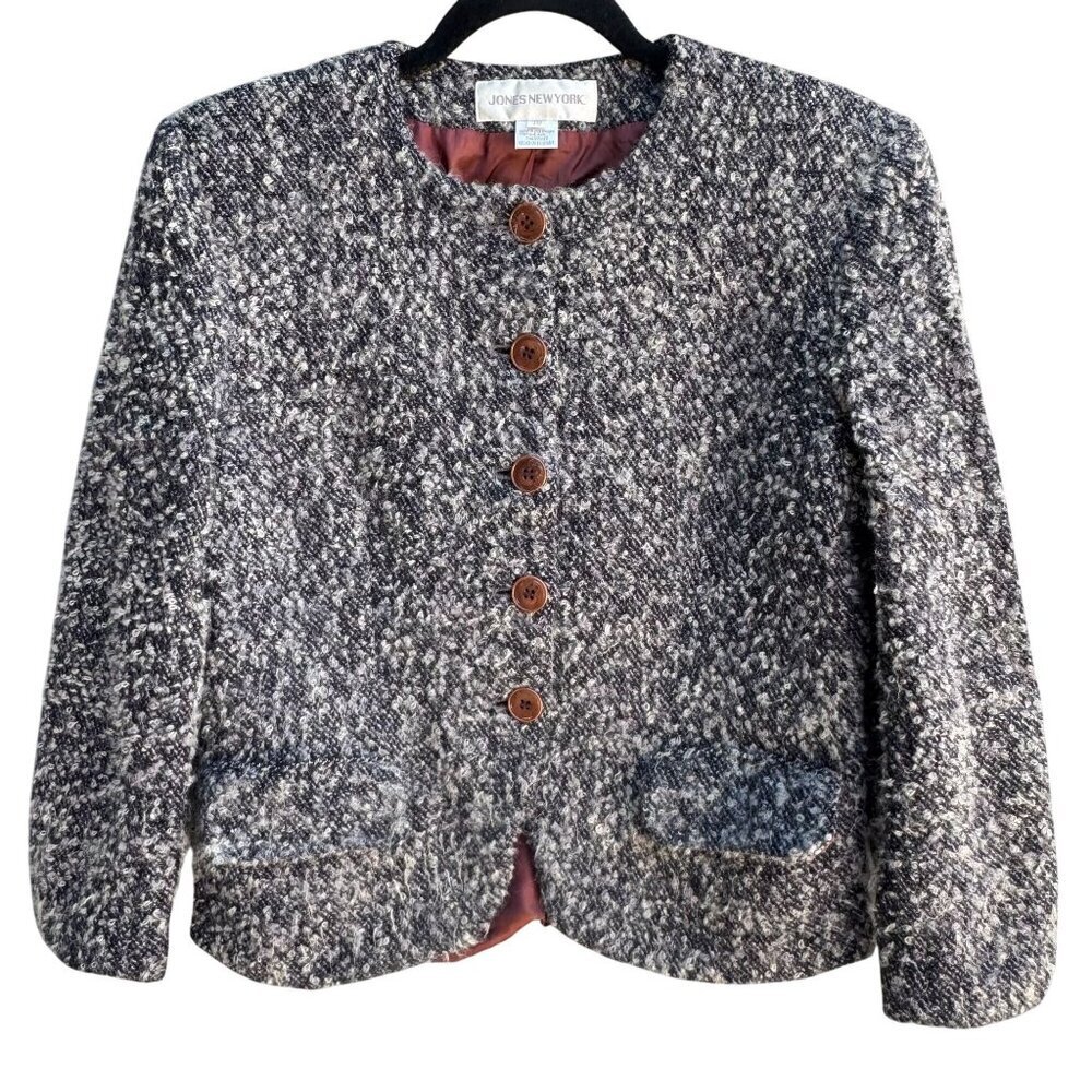 Jones New York Vintage 90s Old Money Wool Boucle Collarless Blazer Jacket 10